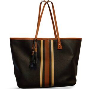 Cinda b. Unique Tan and Black Striped Pebbled Leather Tote Handbag, M